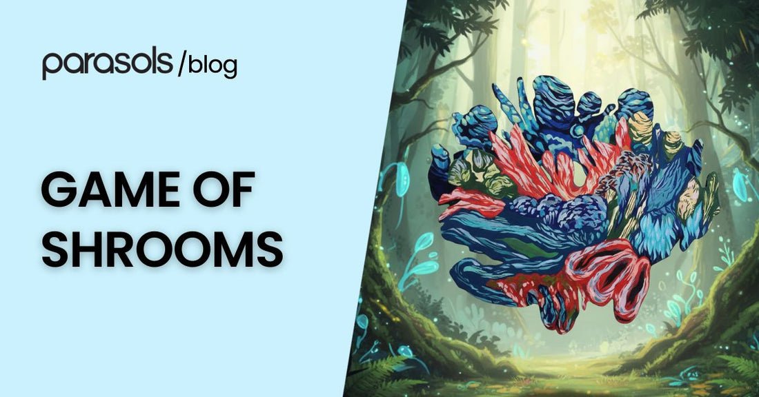 Colorful abstract mushroom artwork in a mystical forest, representing the Game of Shrooms global art event that celebrates creativity, community, and discovery.
