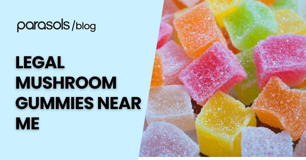 Colorful sugar-coated legal mushroom gummies near me displayed close-up, representing natural wellness and plant-based supplements.