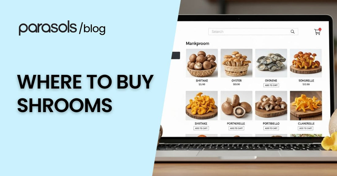 Where to buy shrooms online guide showing different mushroom varieties like shiitake oyster portobello and chanterelle on a laptop screen